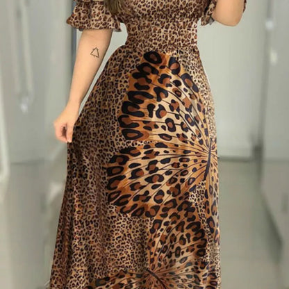Boho Leopard Kleid Frauen Weg Schulter Rüschen Hülse Sommer Kleid Sexy Strappy Slash neck Vestido Lange Sommerkleid Party Kleider.