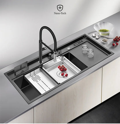 ASRAS New Nanometer Kitchen Sink Handmade Sink 4mm Thickness 240mm Depth Large Size Single Kitchen Sink With Drain Plate Sinks