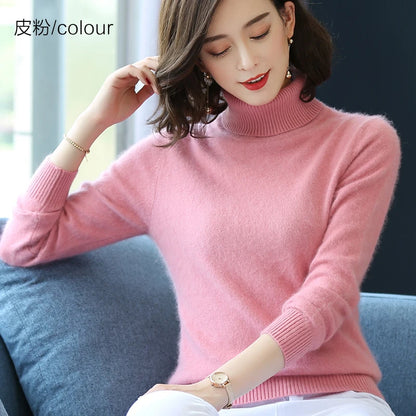 Herbst Winter 100% Nerz Kaschmir Pullover Frauen Strickwaren Pullover Dicke Warme Einfarbig Plus Größe Basis Hohe Revers Kleidung Tops