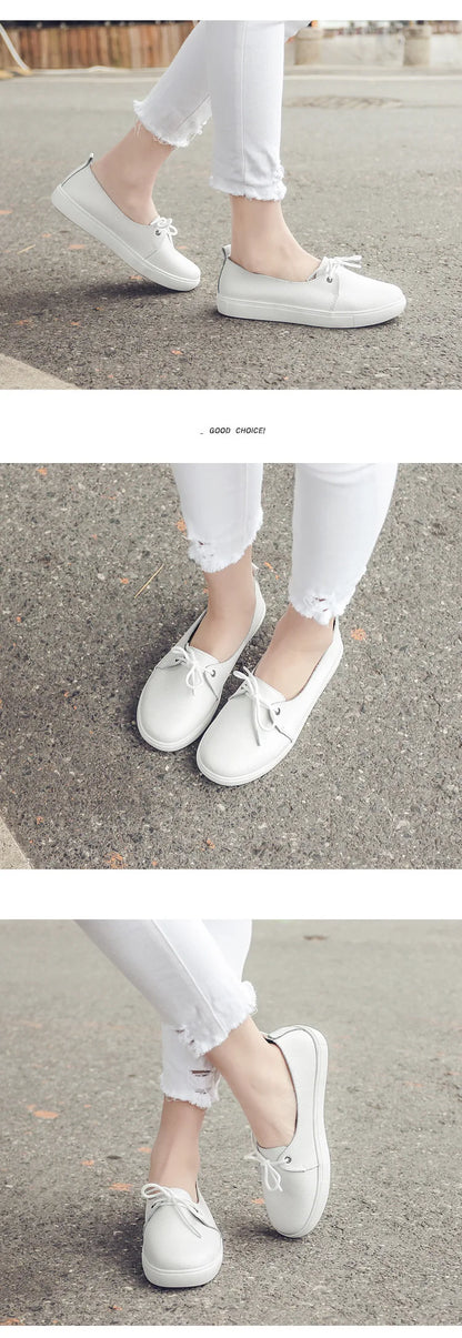 WOIZGIC Women Students Gril Female Genuine Leather White Shoes Flats Platform Lace Up Korean Casual Vulcanized Shoes FEZ-173.