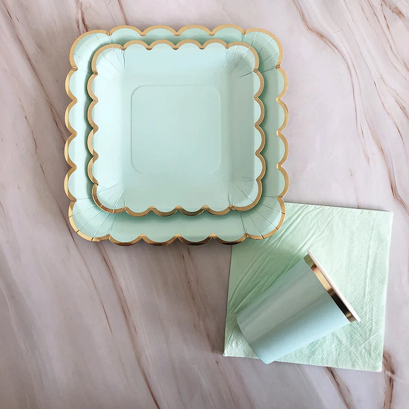 40pcs/set Yellow Green Pink Blue Paper Plates Cups Disposable Tableware Set for Wedding Birthday Party Baby Shower Supplies