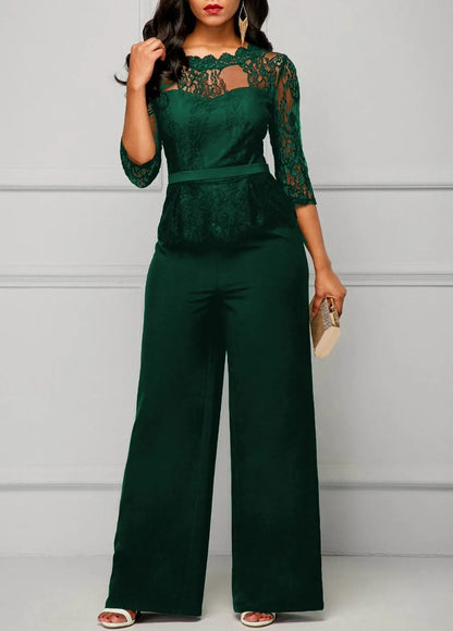 Elegant Sexy Jumpsuits Women Long Sleeve Lace Patchwork Jumpsuit Loose Trousers Wide Leg Pants Rompers Holiday Black Overalls.