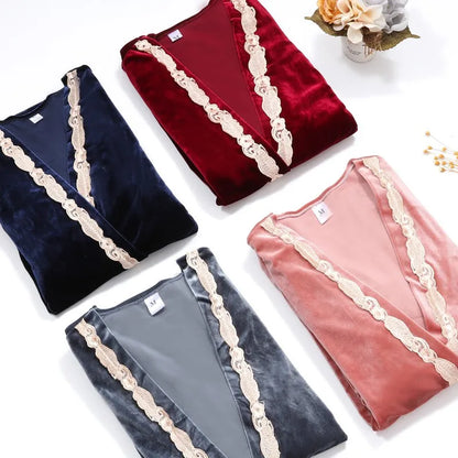 Autumn Velvet Women 4PCS Pajamas Set Sleepwear Burgundy Velour Bathrobe Nightwear Lace Patchwork Pijamas Suit Sexy Negligee.