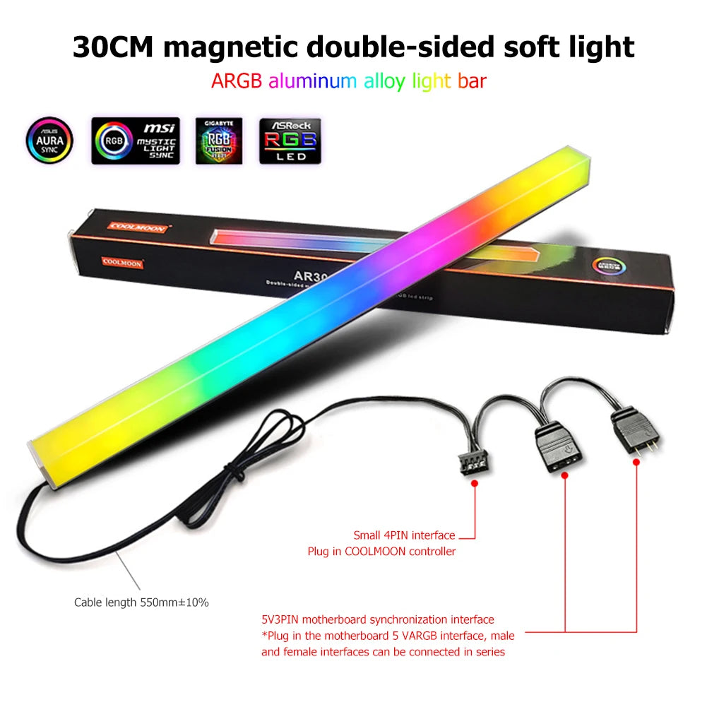 COOLMOON ARGB LED Strip Light 5V 3Pin/Small 4Pin Diamond Magnetic Colorful Atmosphere DIY Lamp Bar for PC Computer Case Chassis