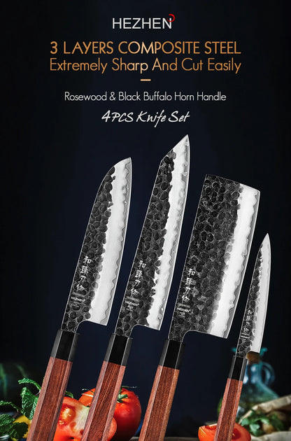 HEZHEN 1PC-5PC Kitchen Knife Set Chef Utility Stainless Steel 3 Layers Composite Steel Santoku Nakiri Kitchen Accessories.