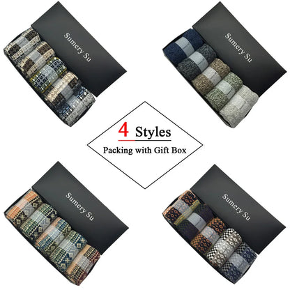 5 Pairs/Lot Wool Socks Men Winter Warm Cashmere Comfortable Long Crew Casual Bohemian Sock Male Gift for Husband Father 4 Styles.