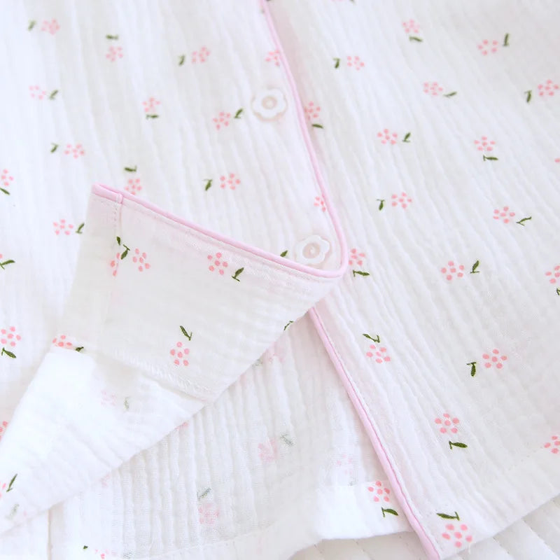 Fdfklak Spring Fall Full Sleeve Homewear Loose 2Pcs Pajama Set 100% Gauze Cotton Casual Print Sleeping Shirt Home Wear Clothes.