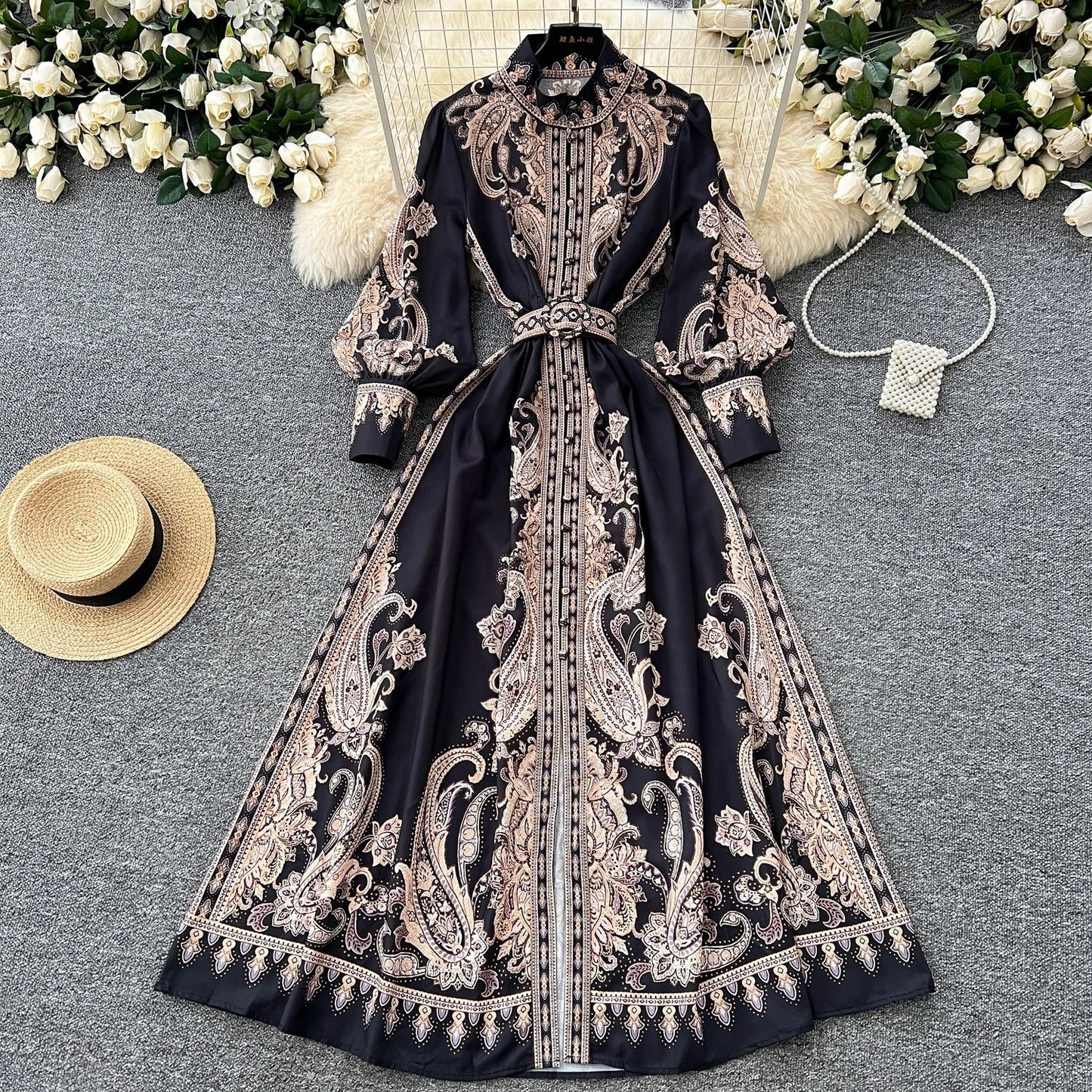 2025 Spring Vintage Stand Collar Tunic Casual Midi Dress For Women Lantern Sleeve Empire Printed Lace Dress.
