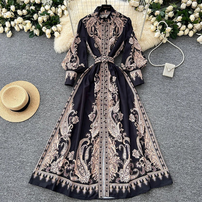 2025 Spring Vintage Stand Collar Tunic Casual Midi Dress For Women Lantern Sleeve Empire Printed Lace Dress.