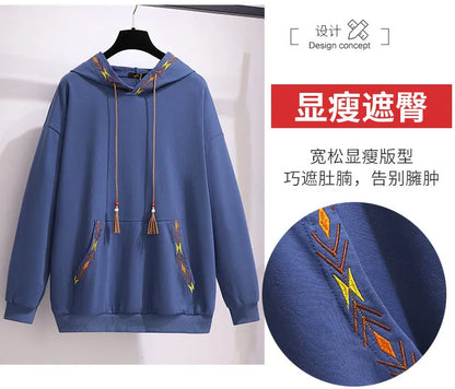150Kg Plus Größe frauen Frühling Herbst Lose Mit Kapuze Stickerei Sweatshirt Büste 157cm 6XL 7XL 8XL 9XL 10XL lange-Ärmeln Casual Top.