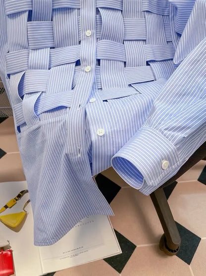 Wholesale 2025 Spring New Blue Long Sleeved Striped Shirts for Women Polo Neck Cool and Elegant Women's Shirts.