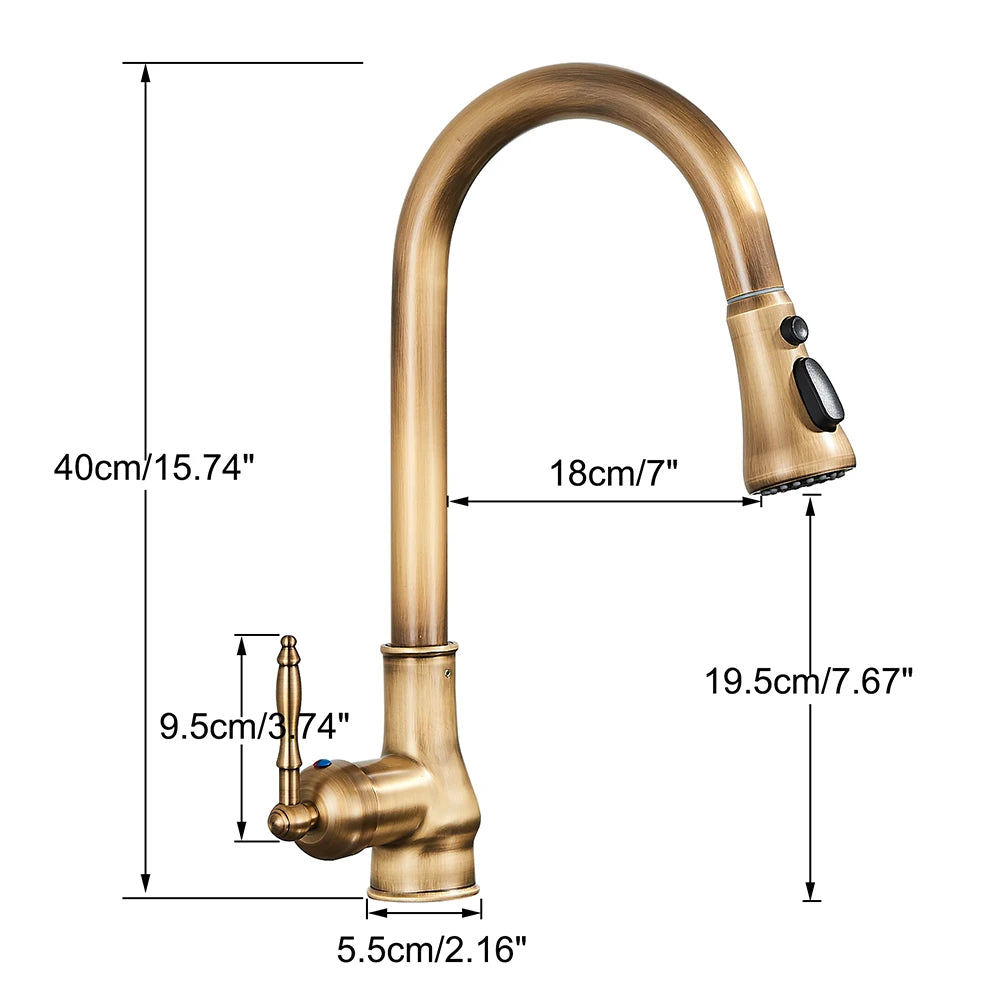 POIQIHY Antique Brass Kitchen Faucet Pull Out Bathroom Kitchen Mixers Single Handle Pull Down Cold Hot Water Tap Deck Mounted