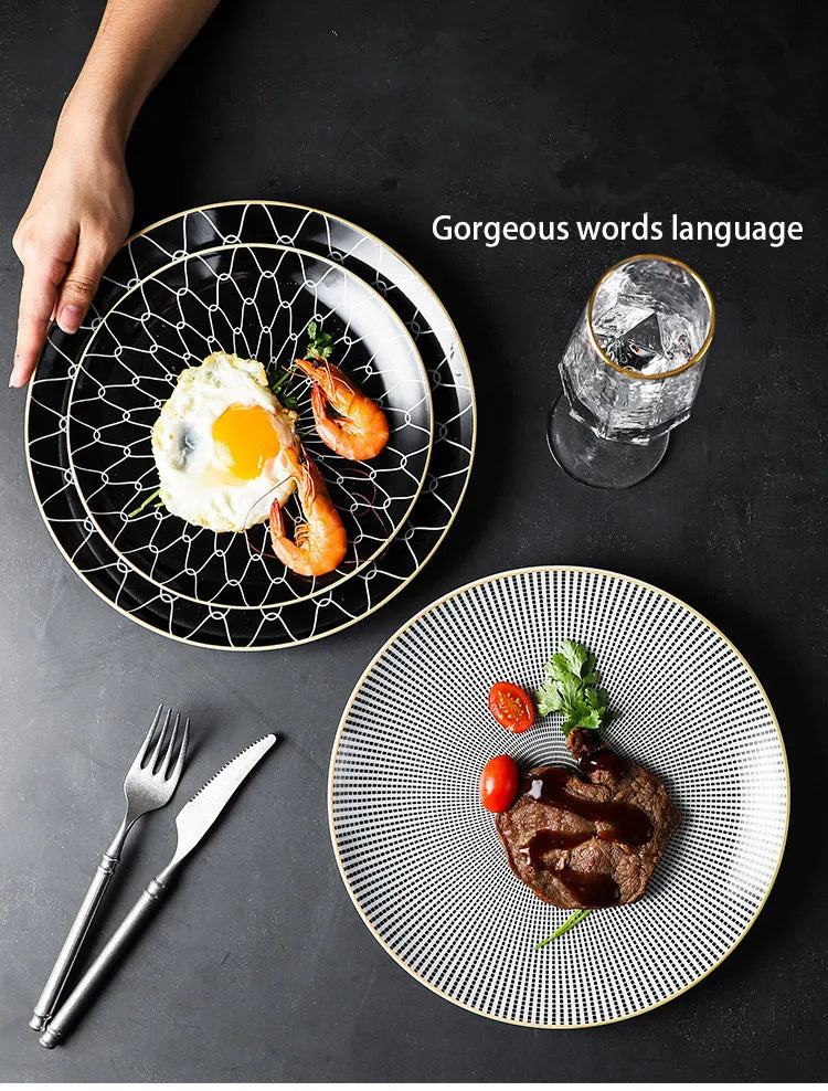 Geometric Design Gold Plating Meal Plate Porcelain Kitchen Dinner Plates Ceramics Food Tray Salad Dish 6/8/10 Inch 1Pcs