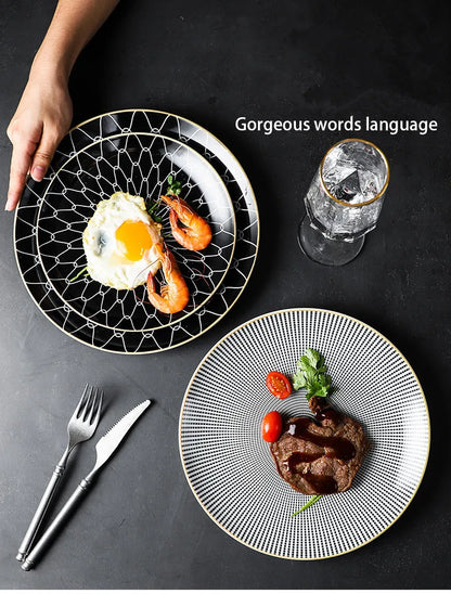 Geometric Design Gold Plating Meal Plate Porcelain Kitchen Dinner Plates Ceramics Food Tray Salad Dish 6/8/10 Inch 1Pcs