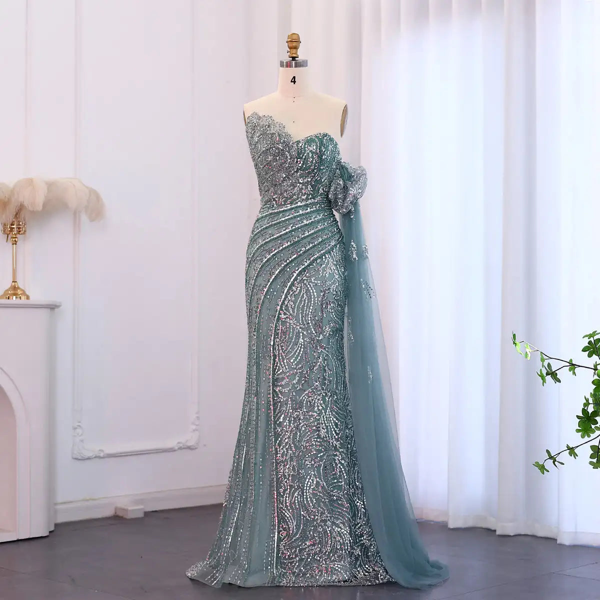 Jancember LSZ021 Asymmetric Sequins Mermaid Evening Party Dresses With Cape Sleeve.