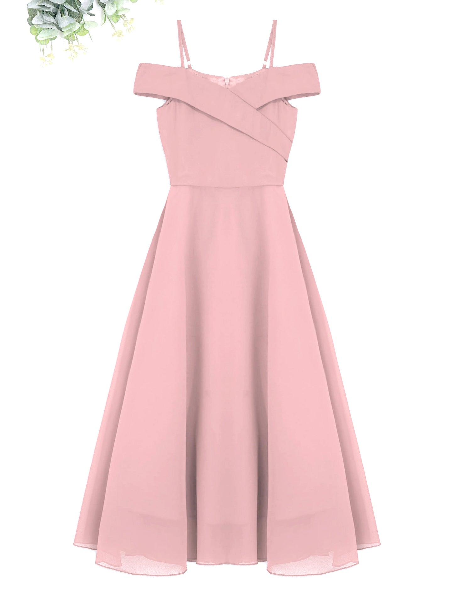 Elegantes Chiffon-Partykleid für Mädchen, schulterfrei, verstellbarer Spaghettiträger, bodenlanges Maxikleid für Hochzeit, Geburtstag, Abend