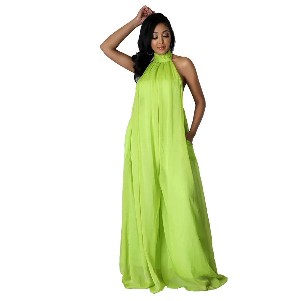 Women Fashion New Loose Sleeveless Solid Color Halter Sexy Backless Wide Leg Long Pants Lady Siamese Trousers Casual Jumpsuit.