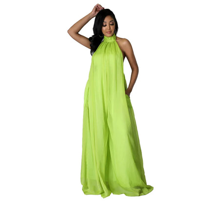 Women Fashion New Loose Sleeveless Solid Color Halter Sexy Backless Wide Leg Long Pants Lady Siamese Trousers Casual Jumpsuit.