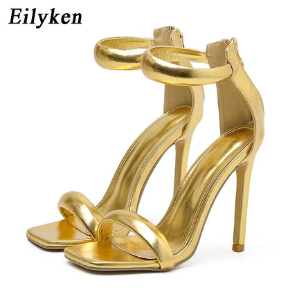 Eilyken Summer Silver Gold Peep Toe High Heel  Sandals Sexy Buckle Strap Ankle-Wrap Ladies Club Women Stripper Shoes.