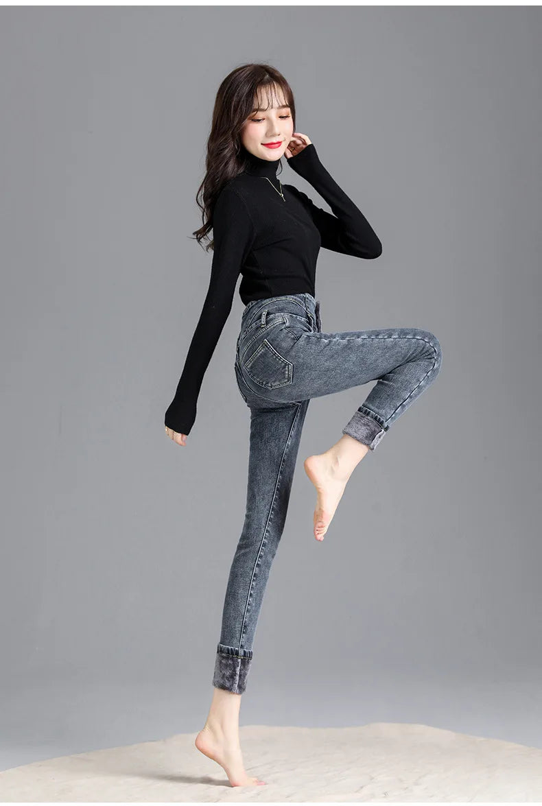 Thermische Winter Dicke Fleece High-taille Warme Dünne Jeans Dicke Frauen Stretch Taste Bleistift Hosen Mom Casual Samt Jeans