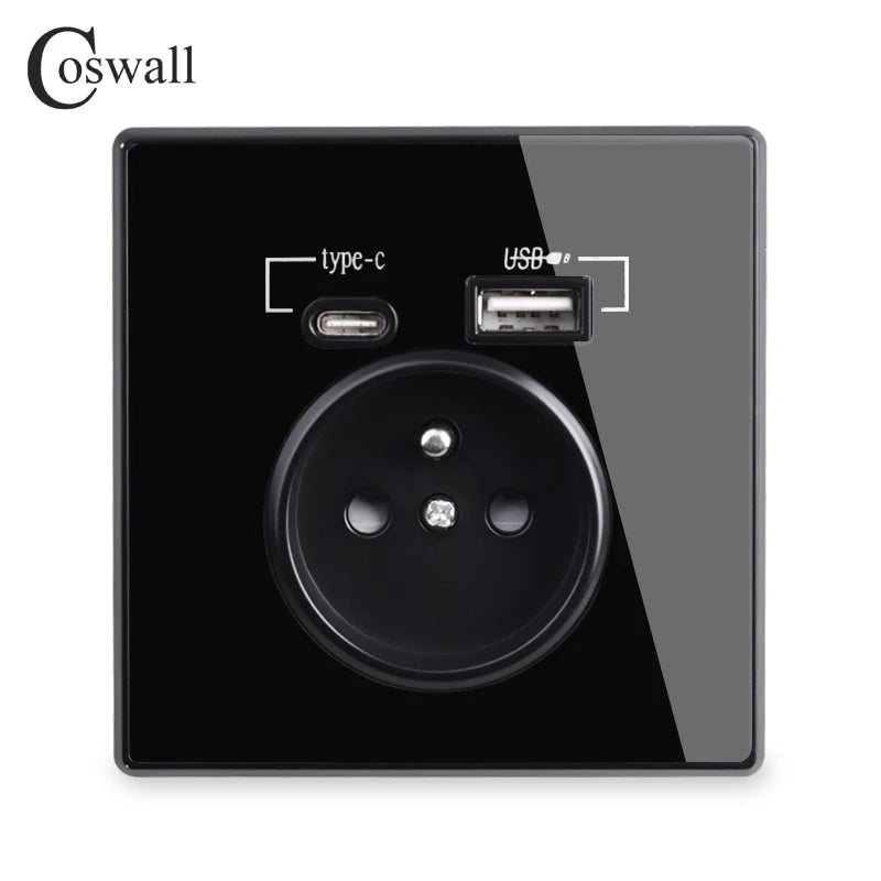 Coswall Typ-C-Schnittstellensteckdose, Vollspiegel, Kristallplatte, schwarze Wand, EU, Russland, Spanien, französische Standardsteckdose mit USB-Ladeanschluss.