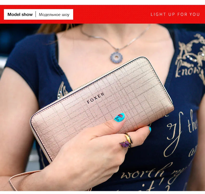 FOXER Women Split Leather Wallet Bifold Clutch Bag with Wristlet Fashion Card Holder Coin Purse Cellphone Bag Female Money Bag.