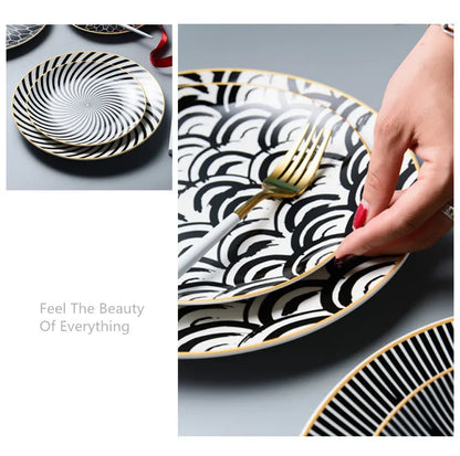 Geometric Design Gold Plating Meal Plate Porcelain Kitchen Dinner Plates Ceramics Food Tray Salad Dish 6/8/10 Inch 1Pcs.