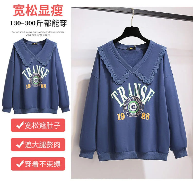 150Kg Plus Größe frauen Herbst Faul Stil Puppe Kragen Sweatshirts Fehlschlag 157cm 6XL 7XL 8XL 9XL 10XL lose Dünnen Langen Ärmeln Top.