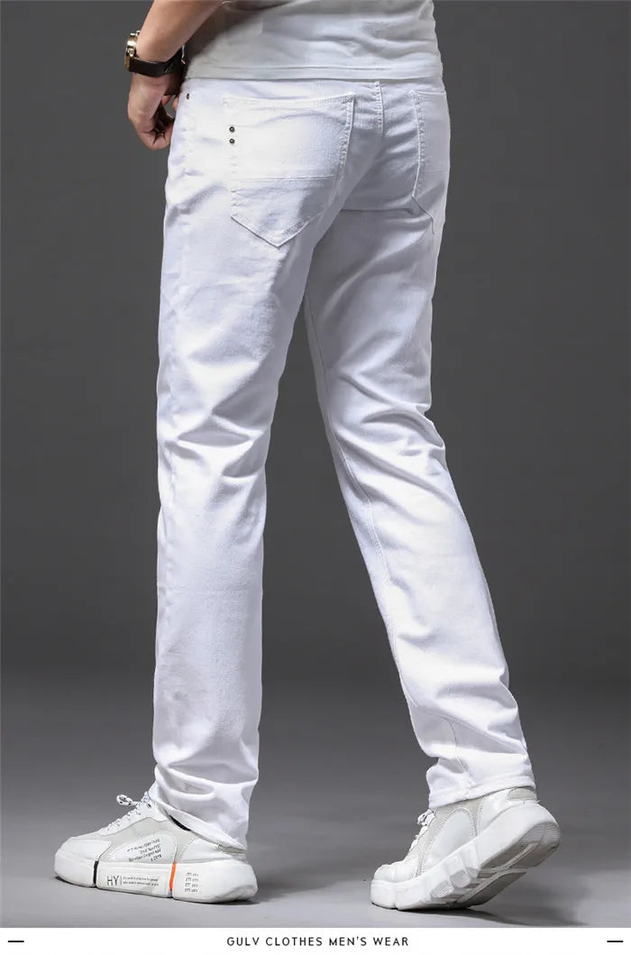 Men White Jeans Fashion Casual Classic Style Slim Fit Soft Trousers Male Brand Advanced Stretch Pants.