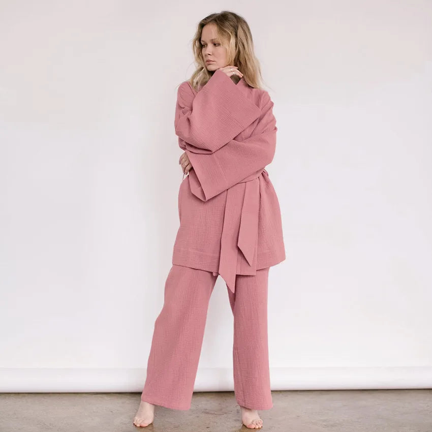 NHKDSASA Kimono Pajamas 2023 New 100% Cotton Crepe Long-Sleeved Trousers Ladies Sleepwear Suit Women's Home Service Mujer