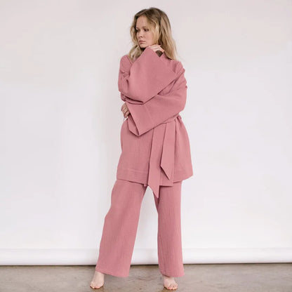 NHKDSASA Kimono Pajamas 2023 New 100% Cotton Crepe Long-Sleeved Trousers Ladies Sleepwear Suit Women's Home Service Mujer