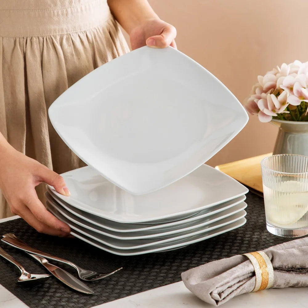 MALACASA 6/12 Piece White Square Porcelain Dinner Plate Set Dessert Plate Salad Fruit Beef Flat Plate Set (23.5 * 23.5 * 2cm).