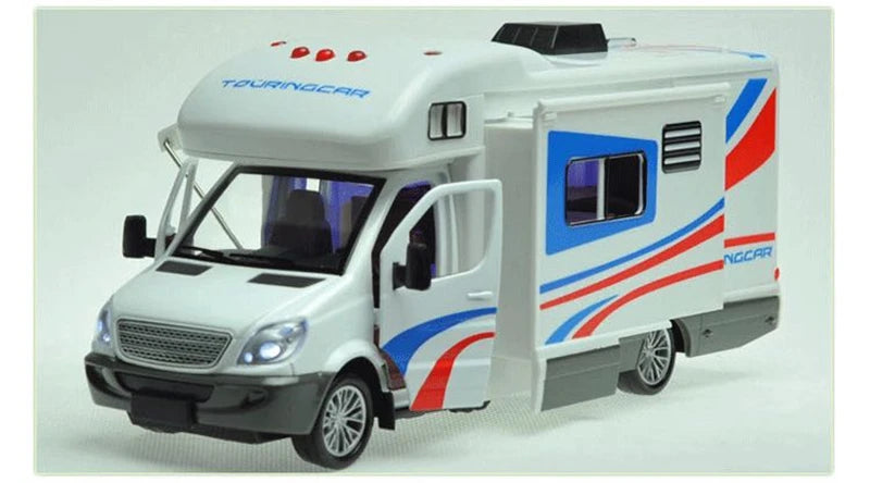 1:28 Diecast Luxury RV Recreational Vehicle Car Model Metal Camper Van Motorhome Touring Car Model Sound and Light Kids Toy Gift.