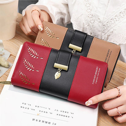 Hollow Leaves PU Leather Women's Long Wallet Fashion Female Coin Purses Hasp Zipper Clutch ID Credit Card Holders Money Bag Clip.