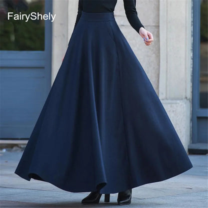 FairyShely Vintage Pleated Long Skirt Women 2025 Autumn Winter Woolen High Waist Black Skirts Female Flare Pocket.