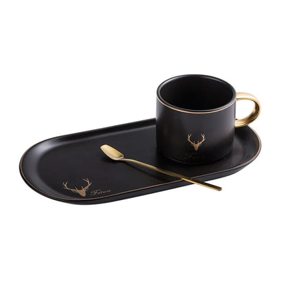 European Luxurious Gold Rim Ceramics Coffee Cups And Saucers Spoon Sets With Gift Box Tea Soy Milk Breakfast Mugs Dessert Plate