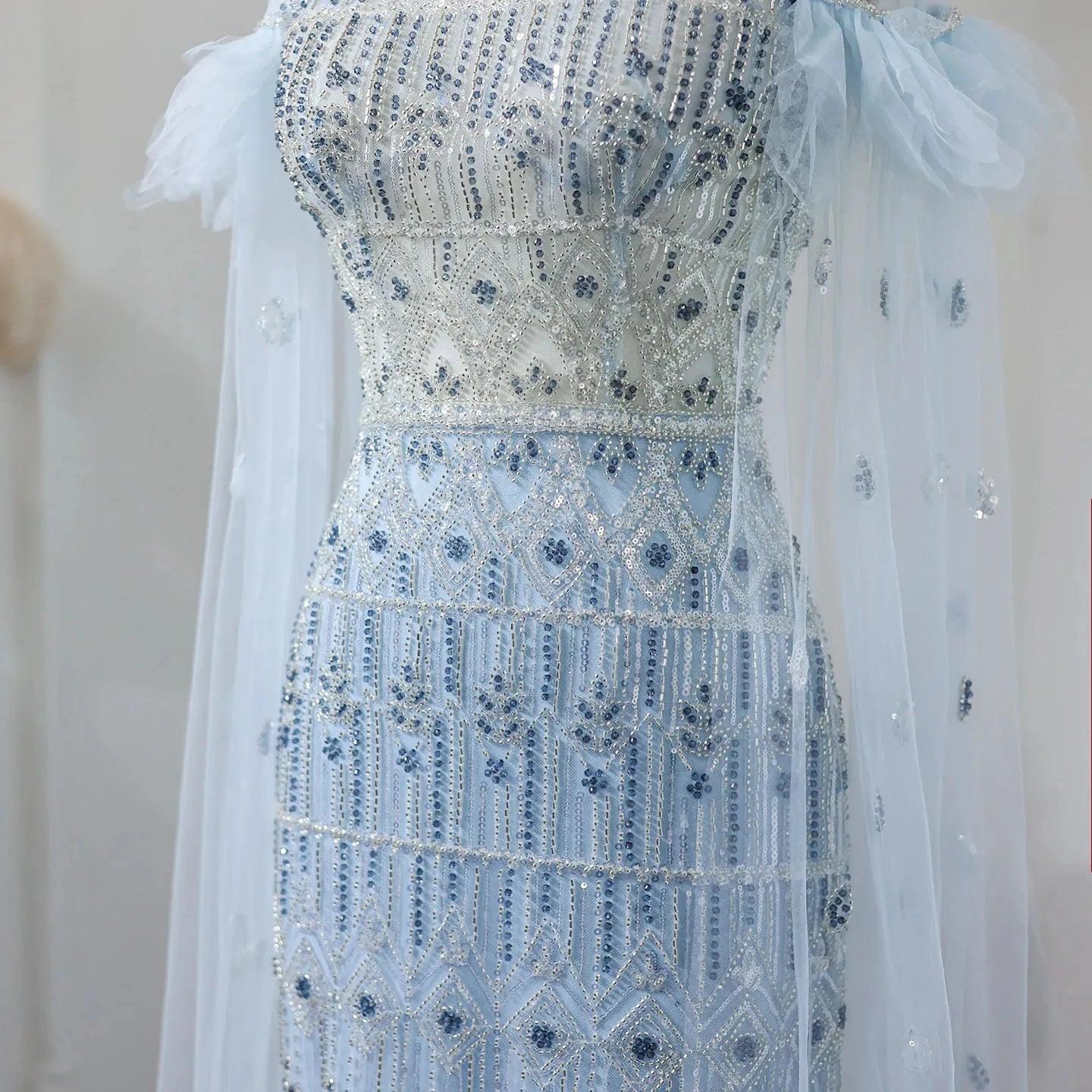 Jancember SZ096 Wholesale Illusal Lace Long Gown Women Party Plus Size Fashion Elegant Light Blue Evening Dress.