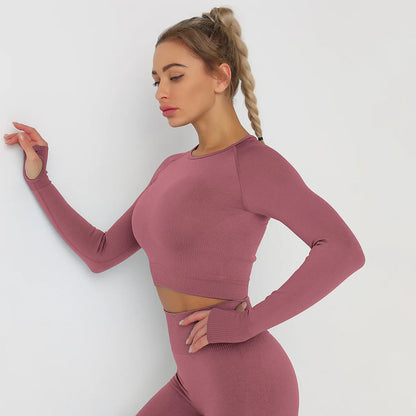 Seamless Athletic Crop Top Woman Sports T-shirts Yoga Top Knitted Shirt Long Sleeve Workout Tops For Women Fashion Gym Clothes