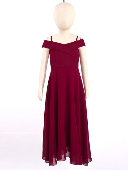 Elegantes Chiffon-Partykleid für Mädchen, schulterfrei, verstellbarer Spaghettiträger, bodenlanges Maxikleid für Hochzeit, Geburtstag, Abend.