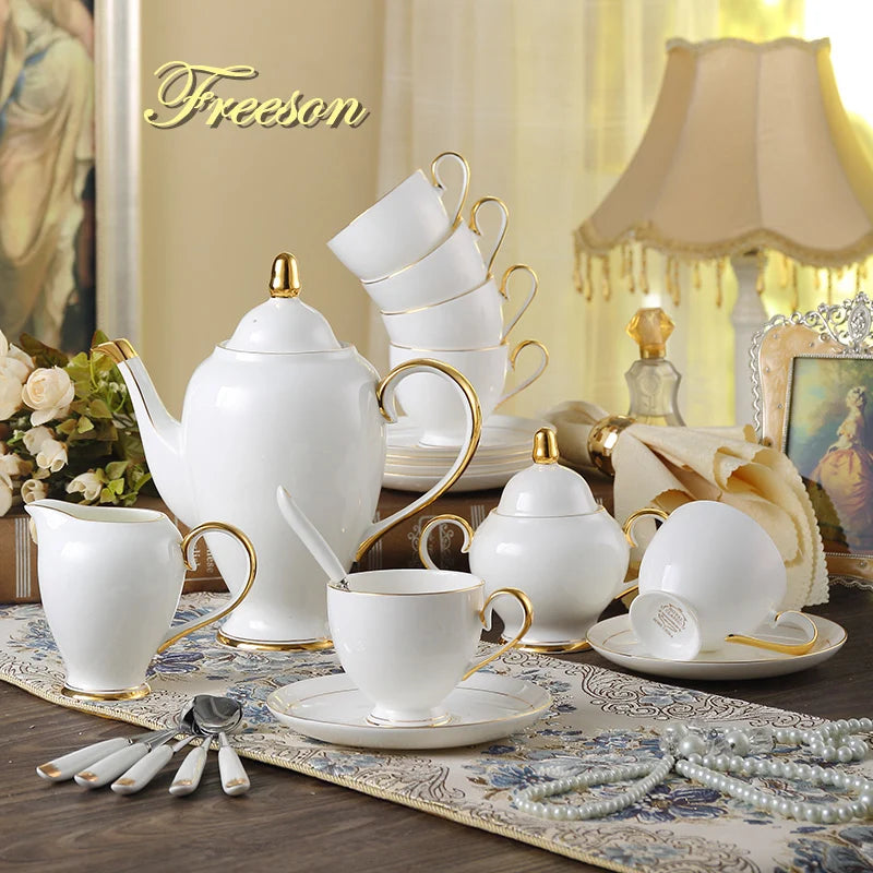 Grace Bone China Coffee Set White Gold Porcelain Tea Set Advanced Pot Cup Ceramic Mug Sugar Bowl Creamer Teapot Milk Jug Teaset.