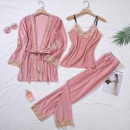 Green Velour Pajama Suit Women 2PCS Robe Nightgown Set Sleepwear Lady Winter Velvet Warm Lace Folwer Kimono Bathrobe Gown M-XL.