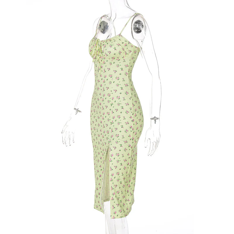 Hugcitar 2025, ärmellos, Satin, Slip, Blumenmuster, gerüscht, Bandage, Ausschnitt, Maxikleid, Frühling, Damenmode, sexy Party, Club, Robe Kpytomoa.