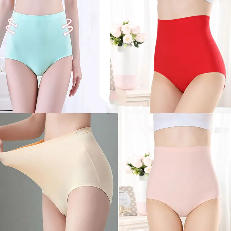 Women's underwear ice silk High waist Seamless Panties soft Lingerie Slimming Abdomen In Hip Lift plus size Breathable Briefs.