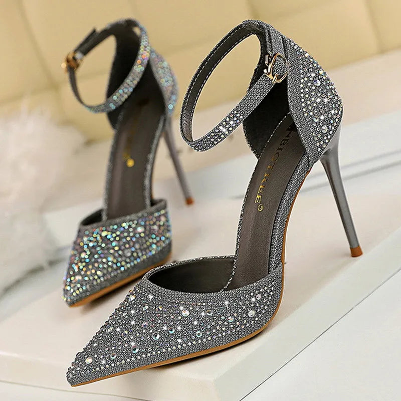 BIGTREE Shoes Shiny Rhinestones High Heels Ladies Shoes Women Pumps Stiletto Sweet Women Heels Wedding Shoes Women Sandals 10 Cm.