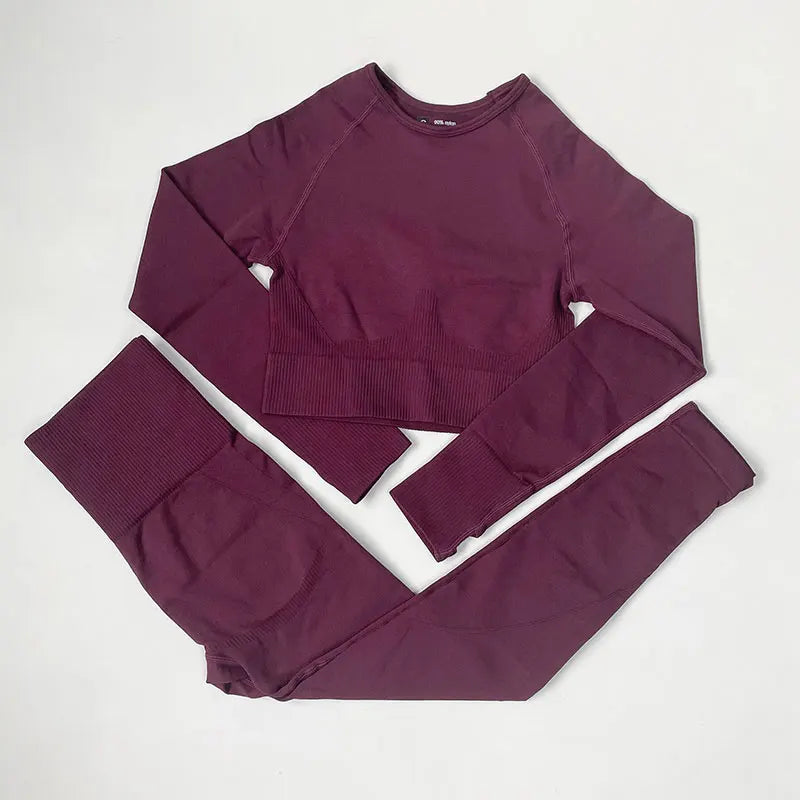 High Waist Elastic Seamless Yoga Wear Women Fitness Clothes Gym Clothing Workout Set Long Sleeve Crop Top Leggings Sports Suit