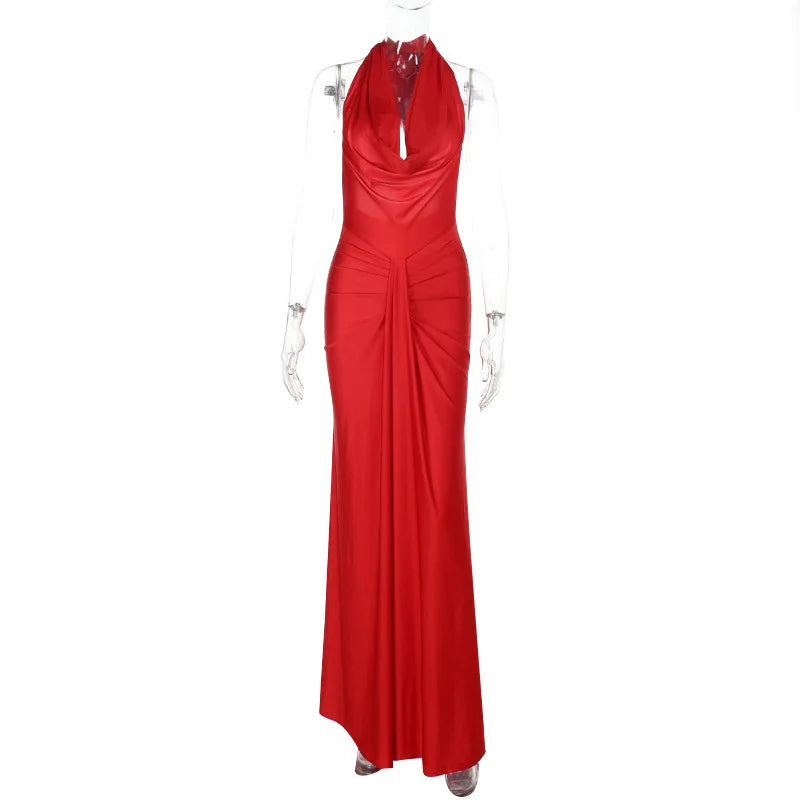 Sexy Swinging Collar Backless Pleated Long Dress Women Red Stain Sleeveless Draped Design Long Dress Club Party Women Maxi Dress.