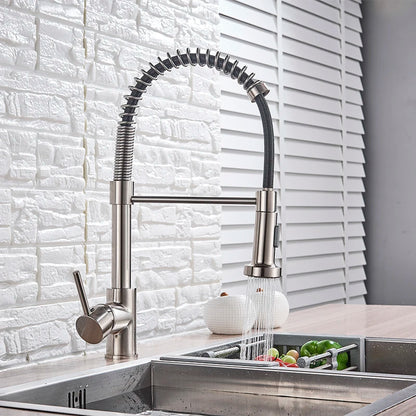 Spring Brushed Nickel Kitchen Faucet Deck Mounted Mixer Tap 360 Degree Rotation Stream Sprayer Nozzle Kitchen Sink Hot Cold Taps
