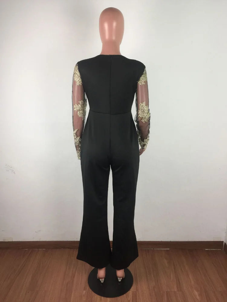 Wide Leg Casual Overalls Sexy Women V-Neck Elegant Lace Straight Party Jumpsuit Romper.