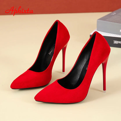 Aphixta 12cm Super High Stiletto Heels Pumps Women Office Flock Pointed Toe Thin Heel Party Shoes Woman Plus Large Size 44 45.