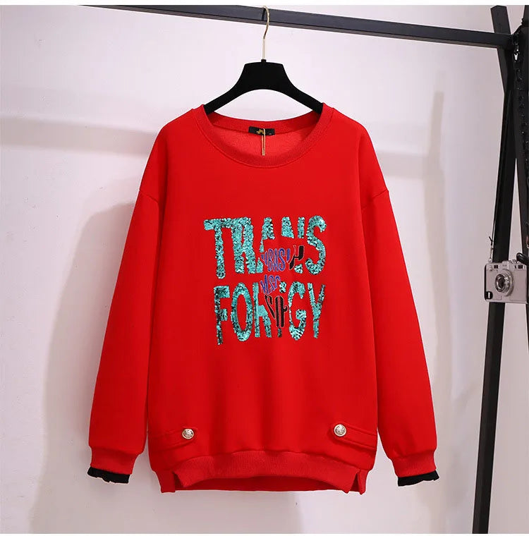 150 kg Übergröße Damen Büste 157 Winter Fleece Lose Pailletten Brief Sweatshirts Rundhals Pullover Top 5XL 6XL 7XL 8XL 9XL